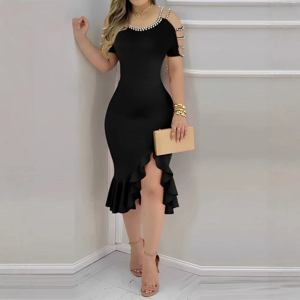 Sexy Off The Shoulder Women's Slim Midi Dress Ruffles Slit Bodycon Party Dresses Elegant